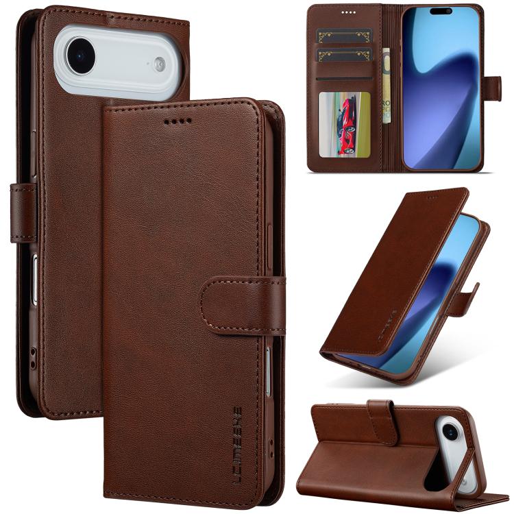 LC.IMEEKE Funda de piel con textura de becerro y tapa horizontal para iPhone 17 Air (marrón)