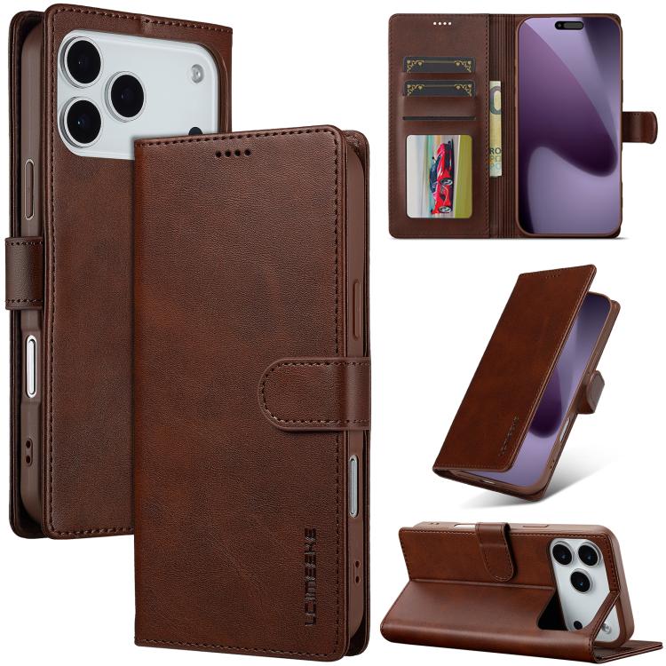 LC.IMEEKE Funda de piel con textura de becerro y tapa horizontal para iPhone 17 Pro (marrón)