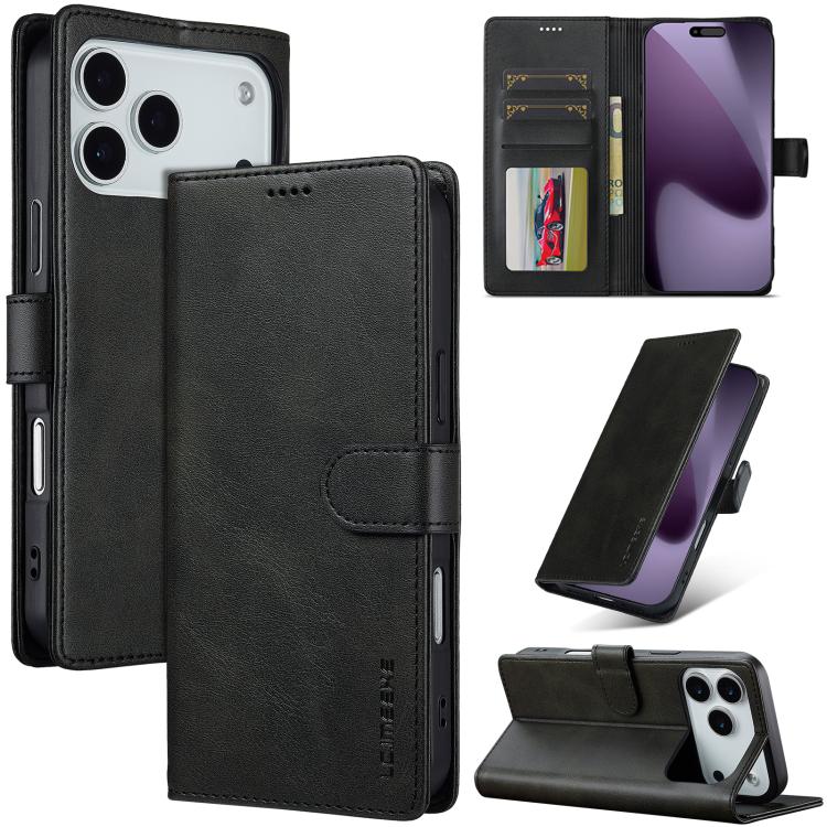LC.IMEEKE Funda de piel con textura de becerro y tapa horizontal para iPhone 17 Pro (Negro)