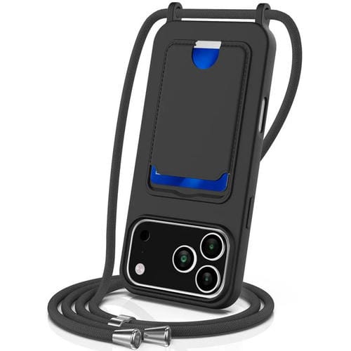 Funda de silicona líquida de color sólido con tarjetero integrado para iPhone 17 Pro y cordón (negra)