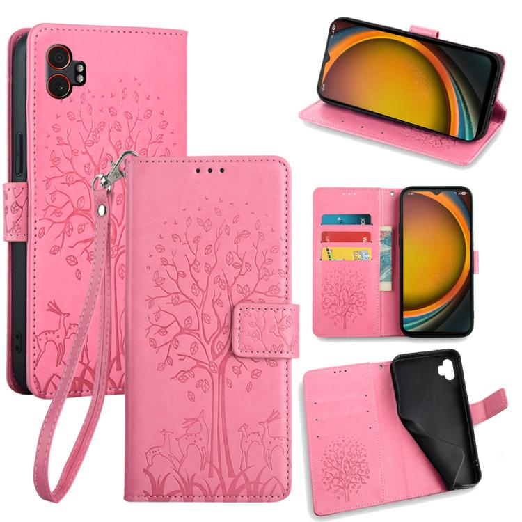 Funda de piel con relieve de árbol y ciervo para Samsung Galaxy XCover 7 Pro 5G (rosa)