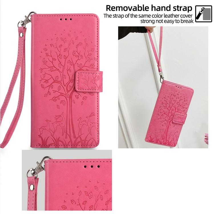Funda de piel con relieve de árbol y ciervo para Samsung Galaxy XCover 7 Pro 5G (rosa)