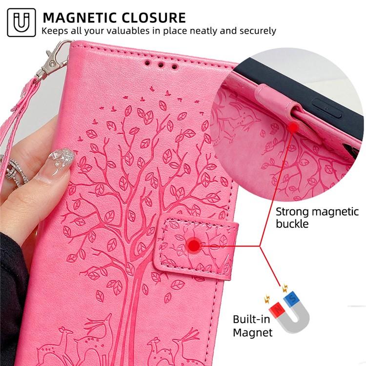 Funda de piel con relieve de árbol y ciervo para Samsung Galaxy XCover 7 Pro 5G (rosa)