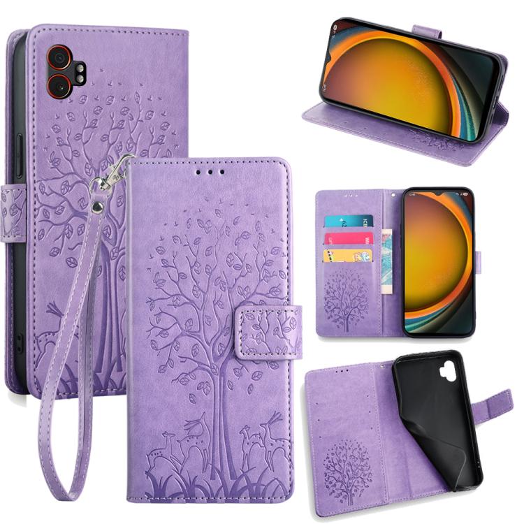Funda de piel con relieve de árbol y ciervo para Samsung Galaxy XCover 7 Pro 5G (morada)