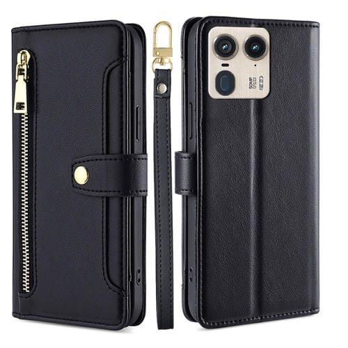 Funda de Cuero Tipo Billetera Motorola Edge 50 Ultra con Cremallera y Textura de Oveja (Negra)