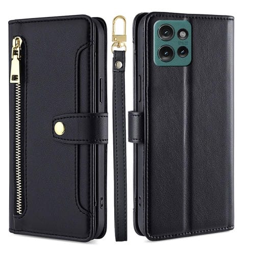 Funda Cuero Tipo Billetera con Cremallera y Textura Oveja para Motorola Edge 50 5G (Negra)