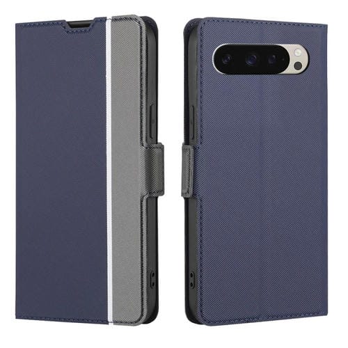 Funda de Cuero con Textura de Sarga y Botones Laterales para Google Pixel 9 (Azul)