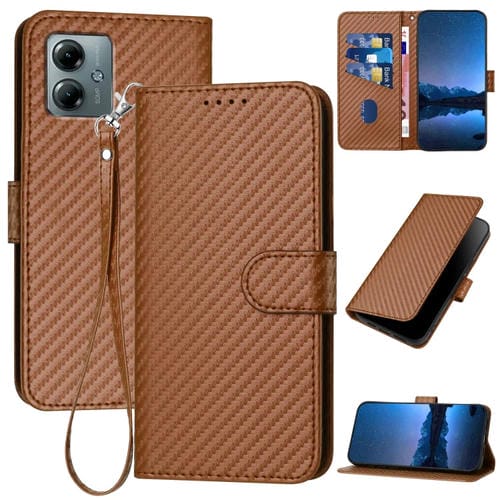Funda de Cuero con Hebilla de Fibra de Carbono para Motorola Moto G Play 2025 / G Power 2025 Yx0070 con Cordón (Café)