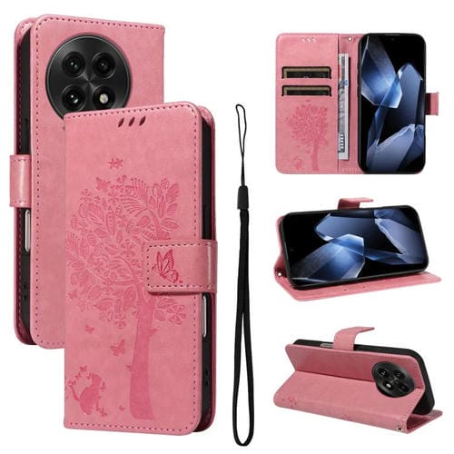 Funda de Cuero con Tapa para OnePlus 13 con Diseño de Árbol y Gato en Relieve (Rosa)