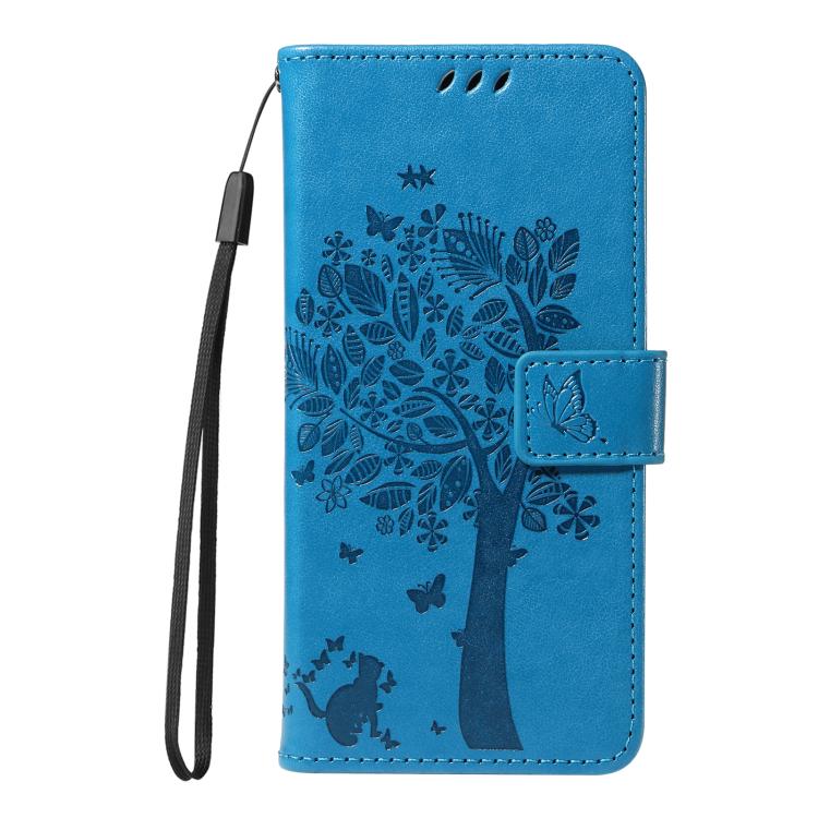 Funda de Cuero con Tapa para OnePlus 13R Global con Diseño de Árbol y Gato en Relieve (Azul)