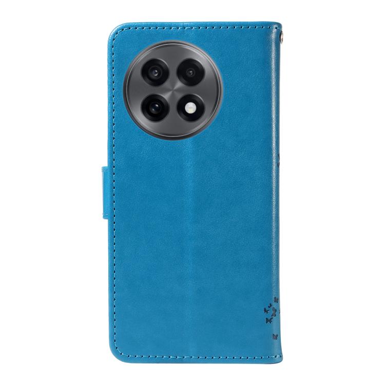 Funda de Cuero con Tapa para OnePlus 13R Global con Diseño de Árbol y Gato en Relieve (Azul)