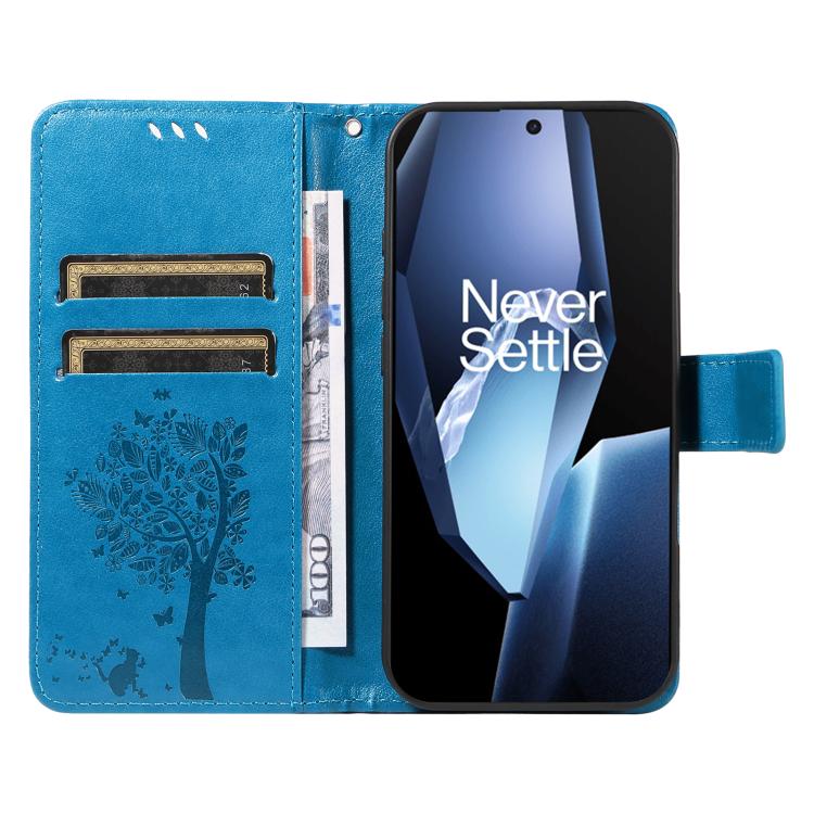 Funda de Cuero con Tapa para OnePlus 13R Global con Diseño de Árbol y Gato en Relieve (Azul)
