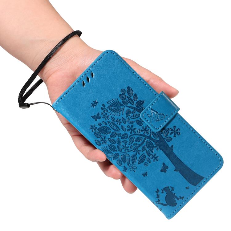 Funda de Cuero con Tapa para OnePlus 13R Global con Diseño de Árbol y Gato en Relieve (Azul)