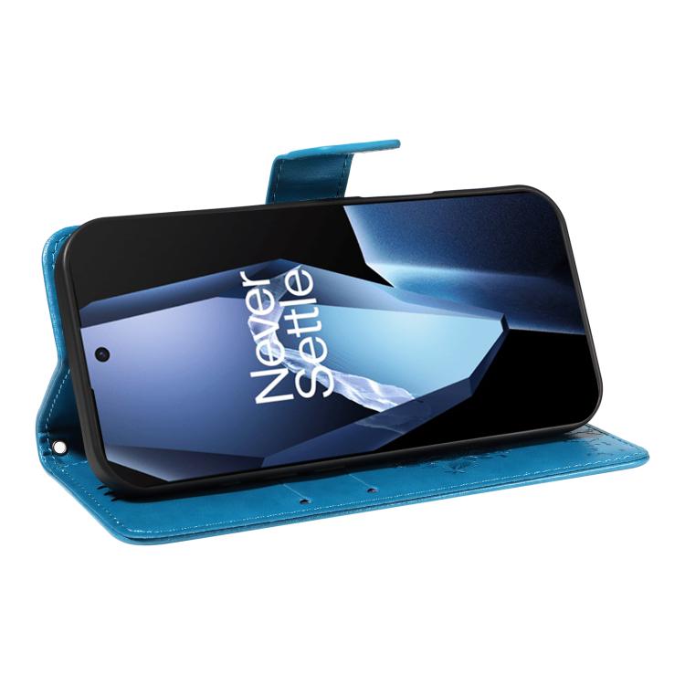 Funda de Cuero con Tapa para OnePlus 13R Global con Diseño de Árbol y Gato en Relieve (Azul)