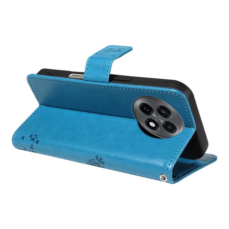 Funda de Cuero con Tapa para OnePlus 13R Global con Diseño de Árbol y Gato en Relieve (Azul)