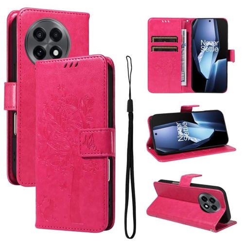 Funda de Cuero con Tapa para OnePlus 13R Global con Patrón En Relieve Árbol y Gato (Rosa Rojo)