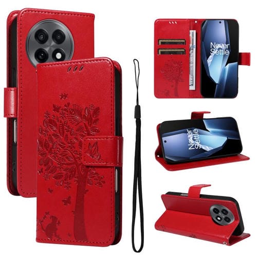 Funda de Cuero con Tapa para OnePlus 13R Global con Patrón En Relieve de Árbol y Gato (Rojo)