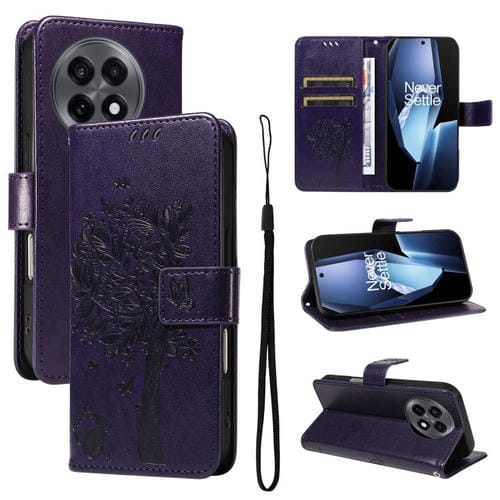 Funda de Cuero con Tapa para OnePlus 13R Global con Diseño de Árbol y Gato en Relieve (Morado)