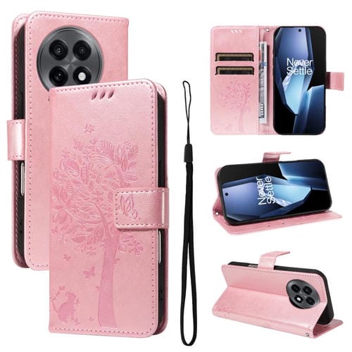 Funda de Cuero con Tapa para OnePlus 13R Global con Diseño Árbol y Gato en Relieve (Oro Rosa)