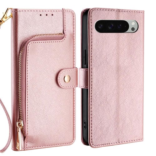 Funda de Cuero con Cremallera para Teléfono Google Pixel 9 Pro XL (Oro Rosa)