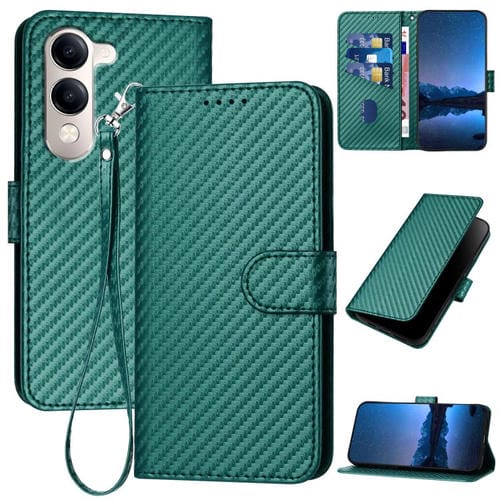 Funda de Cuero con Hebilla de Fibra de Carbono y Cordón para Vivo Y29S 5G / Y04 4G Global Yx0070 (Verde Oscuro)