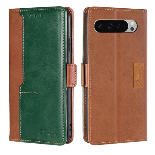 Funda de Cuero con Hebilla Lateral para Google Pixel 9 Pro XL (Marrón Claro y Verde)