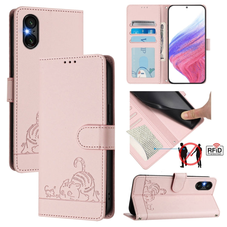 Funda de Cuero Rfid para Sony Xperia 5 Vi con Estampado de Gato y Rata en Relieve y Cordón (Rosa)
