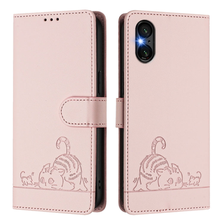 Funda de Cuero Rfid para Sony Xperia 5 Vi con Estampado de Gato y Rata en Relieve y Cordón (Rosa)