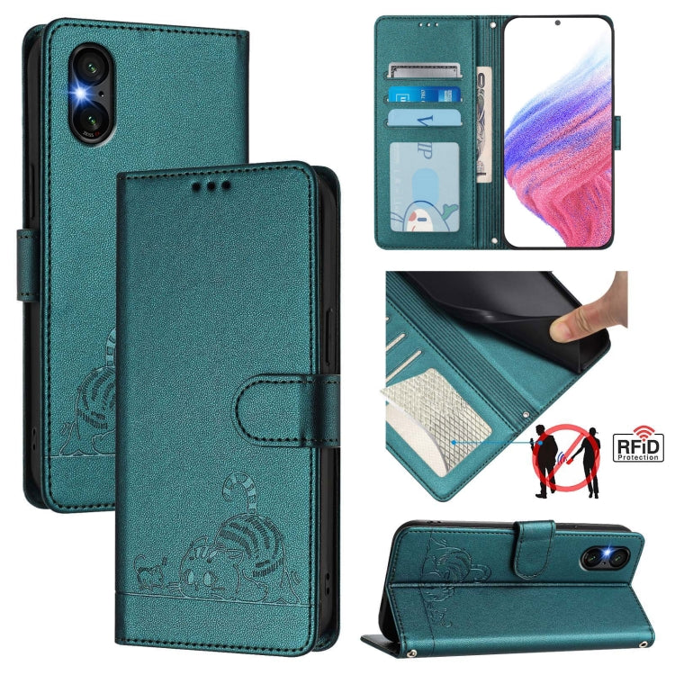 Funda de Cuero Rfid Sony Xperia 5 Vi con Estampado de Gato y Rata En Relieve y Cordón (Verde Pavo Real)