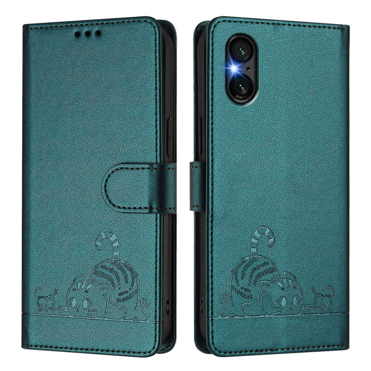 Funda de Cuero Rfid Sony Xperia 5 Vi con Estampado de Gato y Rata En Relieve y Cordón (Verde Pavo Real)