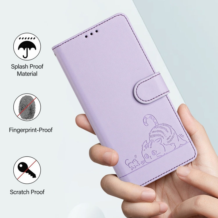 Funda de Cuero Rfid para Sony Xperia 5 Vi con Estampado de Rata y Gato en Relieve y Cordón (Morado)