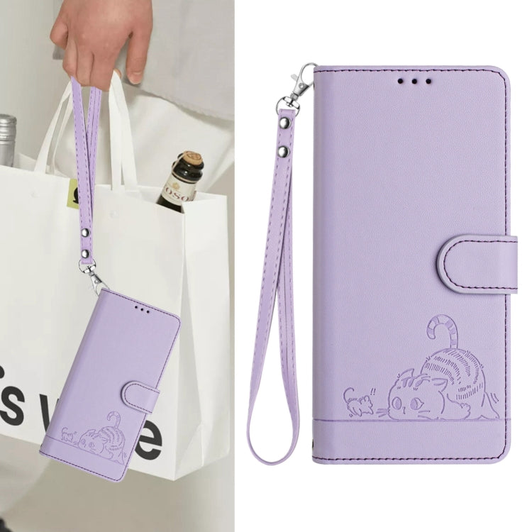 Funda de Cuero Rfid para Sony Xperia 5 Vi con Estampado de Rata y Gato en Relieve y Cordón (Morado)