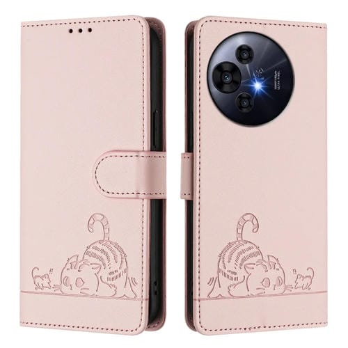 Funda de Cuero Rfid para TCL 50 Pro Nxtpaper con Cordón (Rosa) con Patrón en Relieve de Gato y Rata