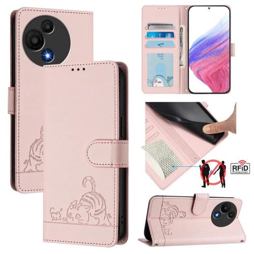 Funda de cuero RFID con estampado de gato y rata para TCL 60 SE NxtPaper/605 con cordón (rosa)