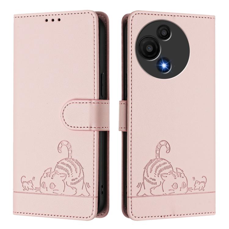 Funda de cuero RFID con estampado de gato y rata para TCL 60 SE NxtPaper/605 con cordón (rosa)