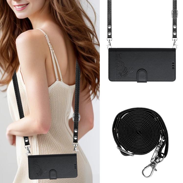 Funda de cuero RFID con estampado de gato y rata para TCL 60 SE NxtPaper/605 con cordón (negra)