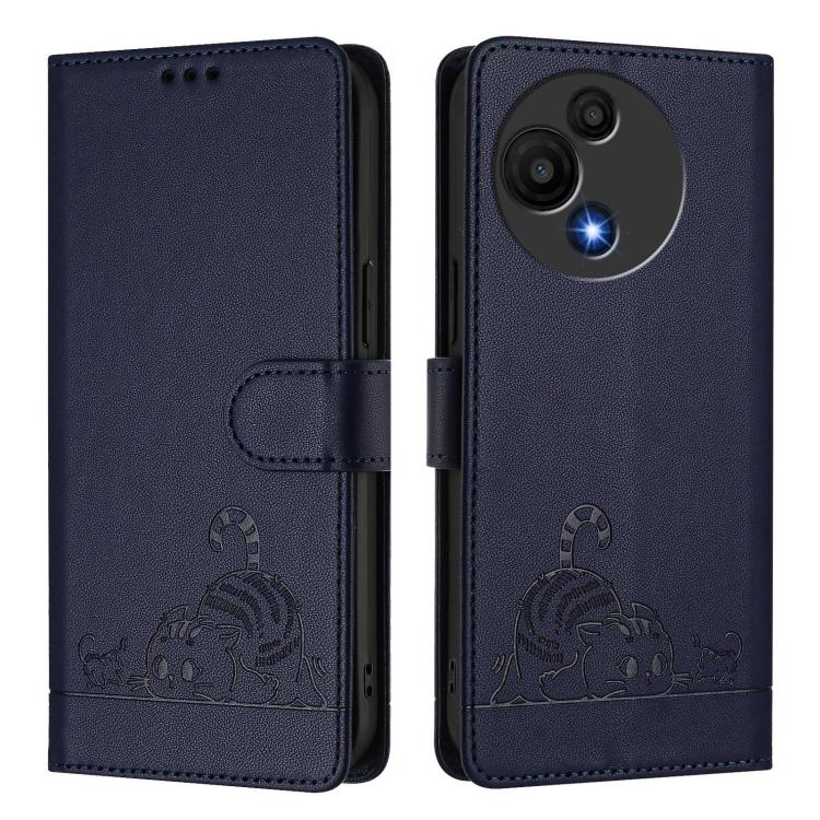 Funda de cuero RFID con estampado de gato y rata para TCL 60 SE NxtPaper/605 con cordón (azul)