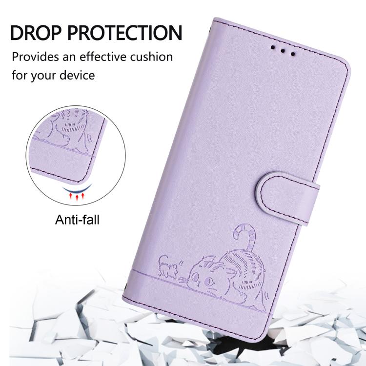 Funda de cuero RFID con estampado de gato y rata para TCL 60 SE NxtPaper/605 con cordón (morado)
