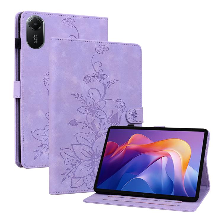 Funda de piel con relieve Lily para Redmi Pad 2 / Redmi Pad SE 11 2025 (morada)