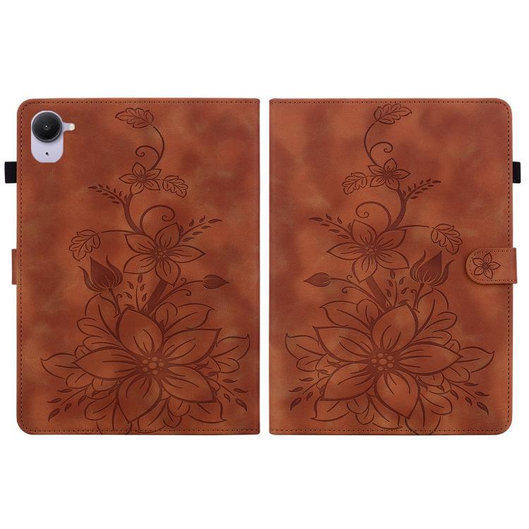 Funda de piel con relieve de lirio para Xiaomi Redmi K Pad de 8,8 pulgadas (marrón)