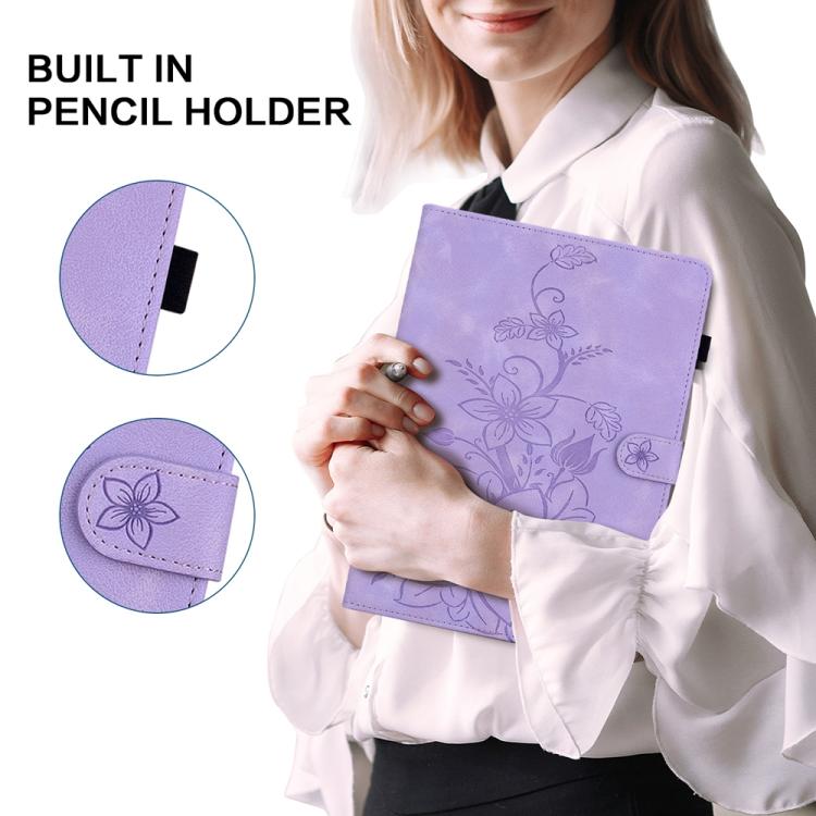 Funda de piel con relieve de lirio para Xiaomi Redmi K Pad de 8,8 pulgadas (morado)
