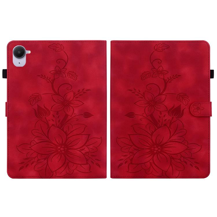 Funda de piel con relieve de lirio para Xiaomi Redmi K Pad de 8,8 pulgadas (roja)