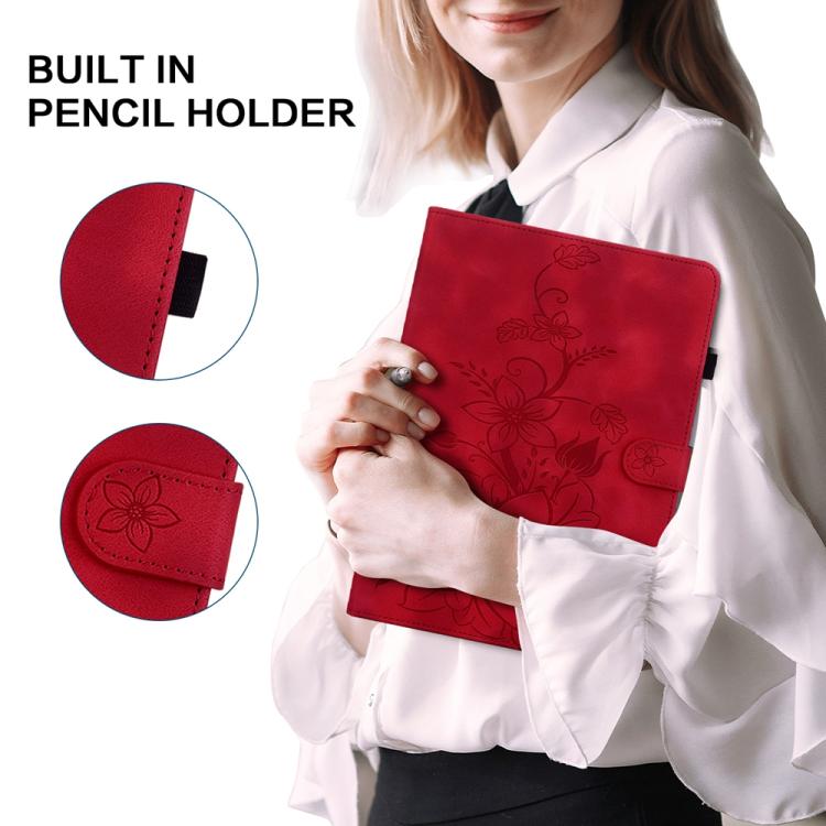 Funda de piel con relieve de lirio para Xiaomi Redmi K Pad de 8,8 pulgadas (roja)
