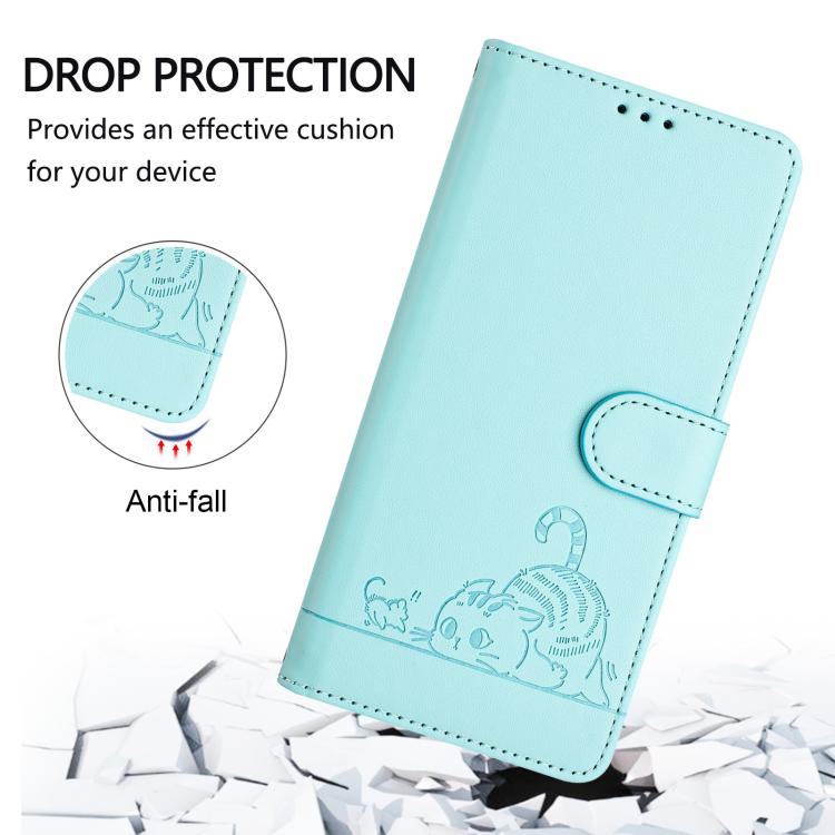 Funda de cuero RFID con estampado de gato y rata para Tecno Camon 40 Premier con cordón (verde menta)