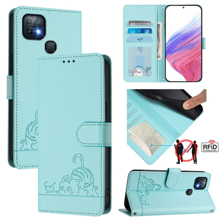 Funda de Cuero Rfid para Infinix Hot 10I con Estampado de Rata y Gato en Relieve y Cordón (Verde Menta)