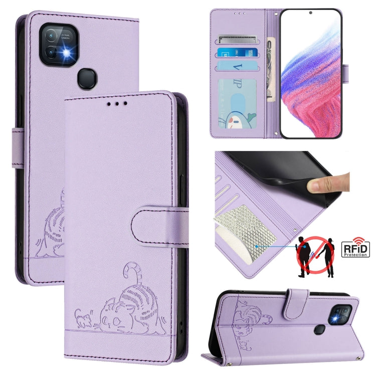 Funda de Cuero Rfid para Infinix Hot 10I con Estampado de Rata y Gato en Relieve y Cordón (Morado)