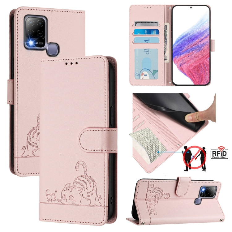 Funda de Cuero RFID para Infinix Hot 10T/10S con Estampado de Rata y Gato en Relieve y Cordón (Rosa)