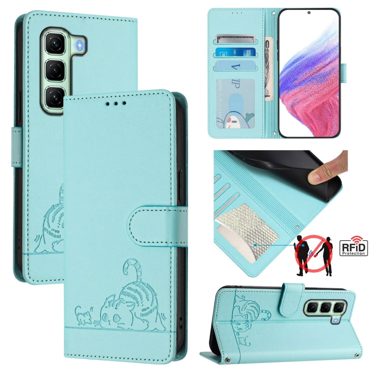 Funda de Cuero Rfid con Estampado de Rata y Gato para Infinix Hot 50 4G con Cordón (Verde Menta)
