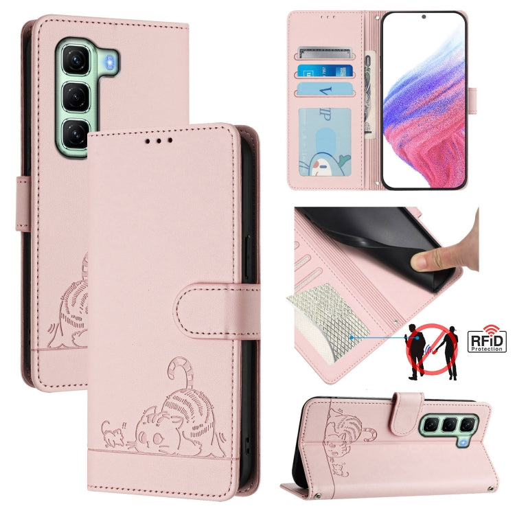 Funda de Cuero Rfid para Infinix Hot 50 4G con Estampado de Rata y Gato y Cordón (Rosa)