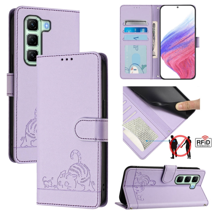 Funda de Cuero Rfid para Infinix Hot 50 5G con Estampado de Rata y Gato y Cordón (Morado)